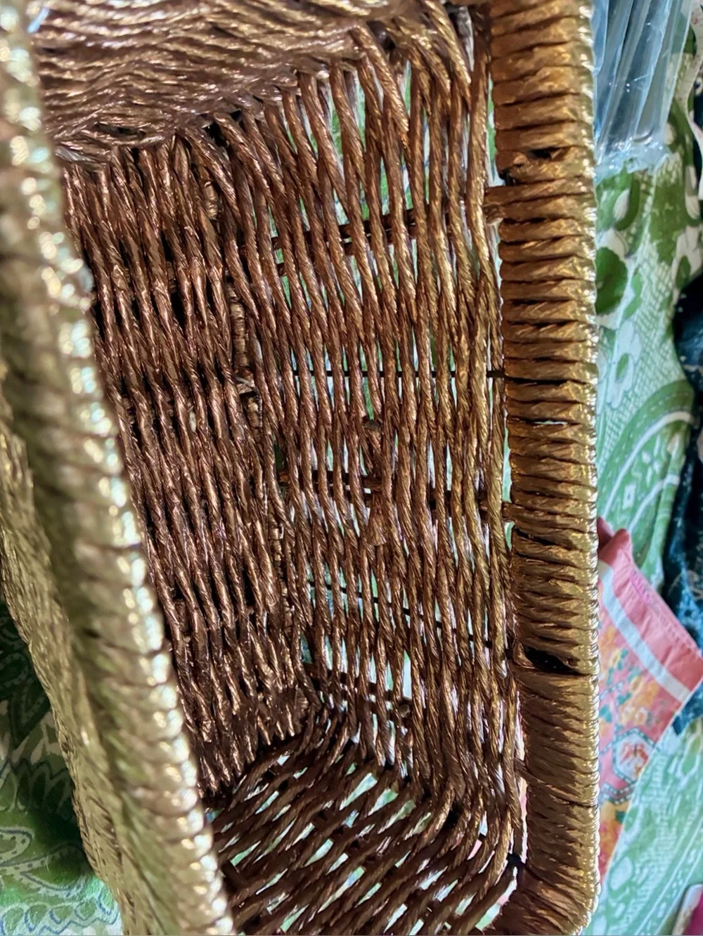 Metallic Gold Woven Abaca Rope Basket, Late 20th Century Rectangle with Handles.